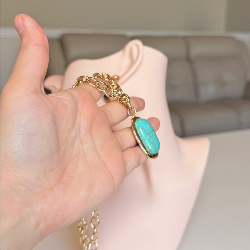 Gold Chain Necklace with Turquoise Pendant - Picture 8 of 10